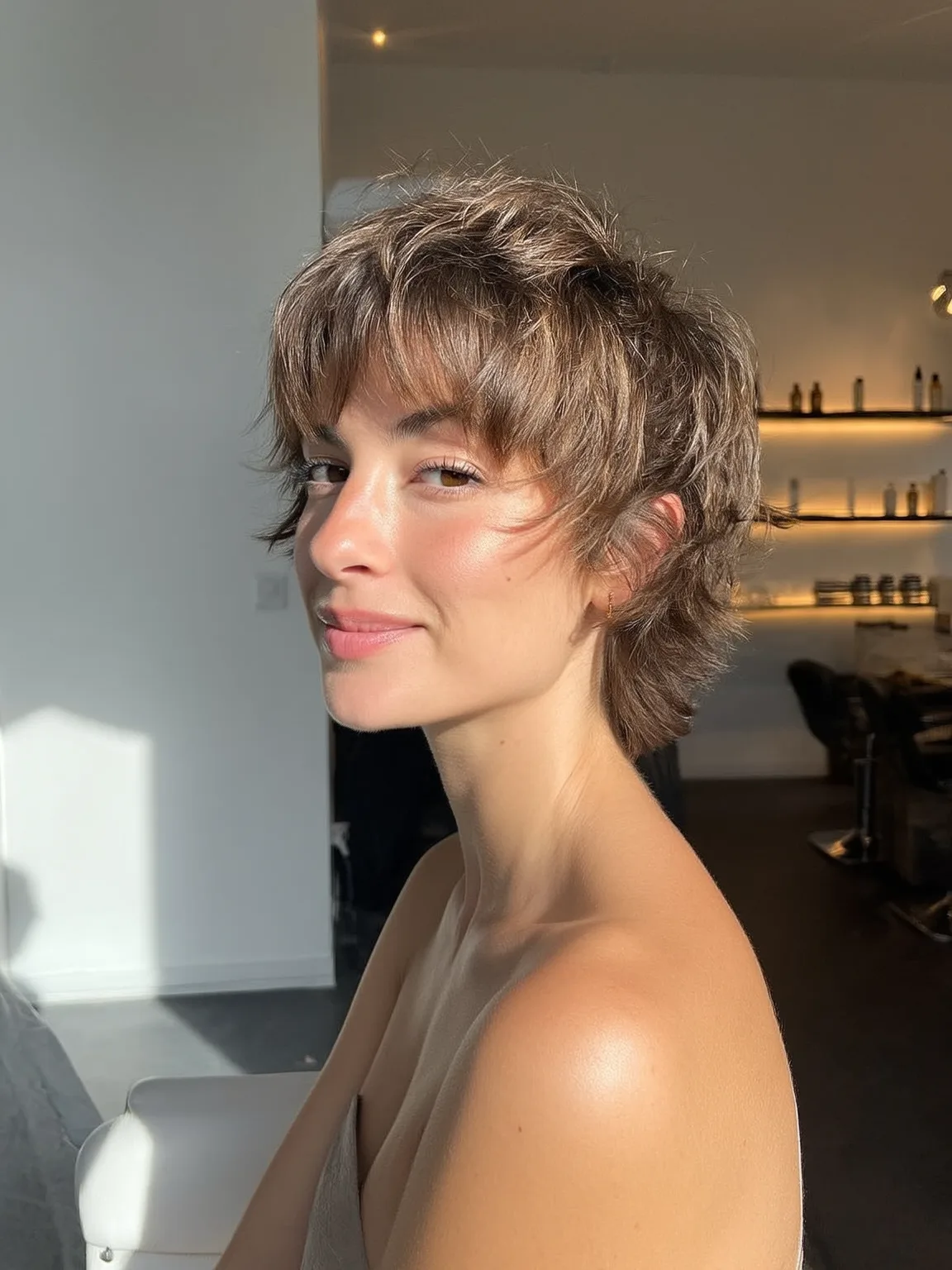 Tousled Soft Caramel Bronde Wavy Crop with Wispy Bangs